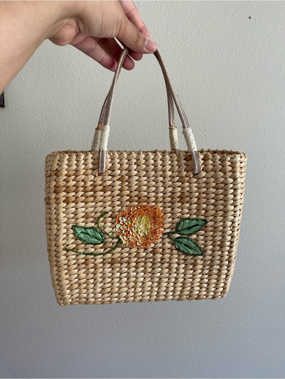 Xhilaration Vintage Natural Straw Tote with Orange Floral Sequin Detail